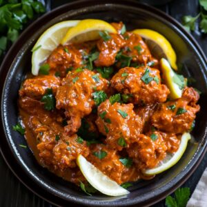 Butter chicken in a serving bowl with tender chicken pieces in rich orange-red creamy tomato sauce, swirl of cream, fresh cilantro garnish, served with basmati rice