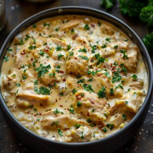 Creamy chicken and dumplings in a Dutch oven with shredded chicken, fluffy white biscuit dumplings, carrots, celery, peas in rich creamy broth, parsley
