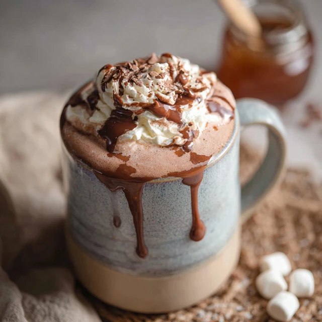 Two mugs of rich hot chocolate topped with towering swirls of fresh whipped cream, dusting of cocoa powder, chocolate shavings on top, marshmallows on the side, cozy wool blanket