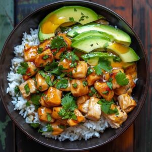 Teriyaki chicken rice bowl on a dark plate, glossy soy-glazed chicken thigh chunks over fluffy white rice, bright green steamed broccoli florets, toasted sesame seeds and sliced scallions on top, chopsticks resting beside