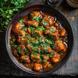 Sweet and sour chicken on a white plate, golden-crispy battered chicken pieces coated in glossy red-orange sauce, chunks of pineapple, red and green bell pepper, white onion, sesame seeds, jasmine rice on the side