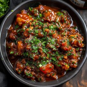 Vegetable manchurian gravy in a black bowl, golden-fried vegetable balls floating in glossy dark-red gravy with onion bell pepper specks, scallion garnish, fried rice in a small bowl beside