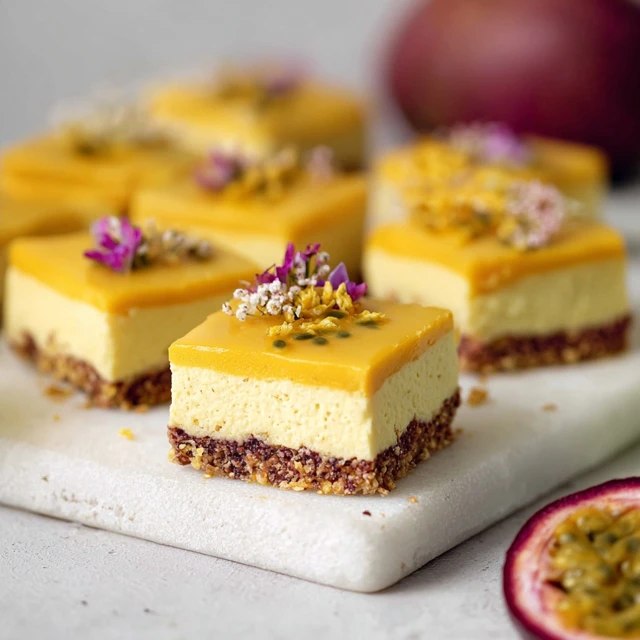 Close-up of one passion fruit cheesecake bar showing clean cut layers, glossy passion fruit curd with seeds, smooth cream cheese filling, buttery graham crust, dusted with powdered sugar