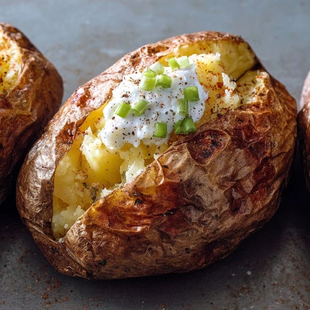 Close-up of loaded baked potato showing molten cheese, crispy bacon bits, white sour cream puff, bright green chive specks, butter pooling, steam rising from fluffy interior