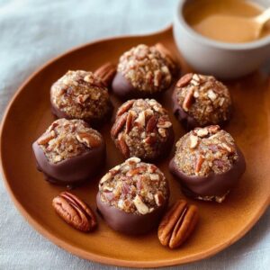 Chocolate pecan energy bites on a wooden board, dark chocolate-brown round balls rolled in chopped pecans and coconut, sliced open one showing oats, chunks of pecan and date inside, glass of milk beside