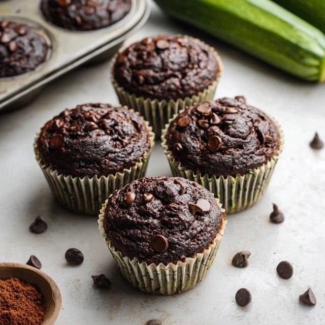 Close-up of one chocolate zucchini muffin halved revealing dense moist tender crumb with tiny green zucchini shreds throughout, melted chocolate chip pockets, glossy chocolate topping, glass of milk beside