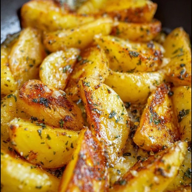 Close-up of Greek lemon potatoes showing crispy caramelized exterior and fluffy interior, glossy olive oil coating, golden garlic pieces, green oregano dust, lemon juice glistening, parsley sprinkle