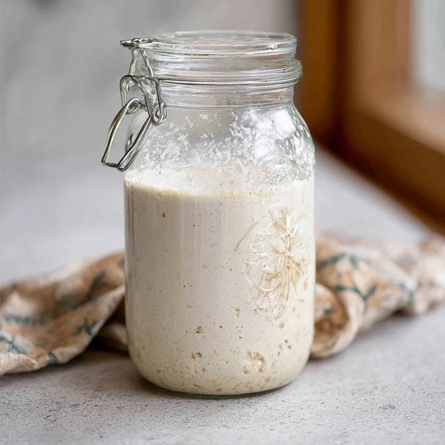 Sourdough starter in a clear glass jar on a kitchen counter, bubbly active starter doubling in size with visible air pockets, rubber band marking original level, wooden spoon and bag of flour beside, soft natural light from window