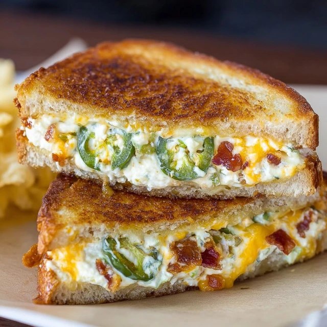 Jalapeño popper grilled cheese cut in half on a wooden board, golden-brown buttery toasted sourdough bread, cheesy melted cream cheese and cheddar stretchy pull, crispy bacon pieces, sliced pickled jalapeños visible in the gooey filling