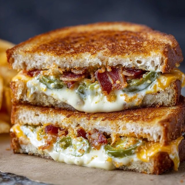 Close-up of grilled cheese cross-section showing molten cheese pull, melted cream cheese layer, crumbled bacon, bright green pickled jalapeño slices, perfectly toasted golden bread with butter sheen