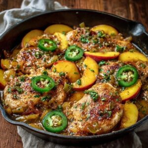 Spicy peach glazed chicken thighs in a cast iron skillet, glossy mahogany peach-soy glaze coating bone-in chicken with crispy golden skin, slices of fresh peach caramelized on top, sesame seeds and sliced green onions scattered