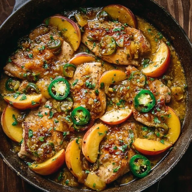 Close-up of glazed chicken thigh showing sticky shiny peach-sriracha sauce dripping, crispy lacquered skin, juicy chicken interior visible, peach pieces with grill marks, garnished with sesame and scallions