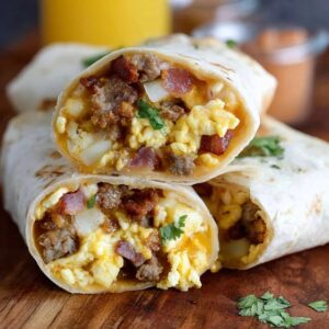 Breakfast burrito cut in half on parchment paper, tightly rolled flour tortilla revealing fluffy scrambled eggs, crispy bacon strips, melted cheddar cheese, crispy diced potato hash browns, red salsa, sliced avocado peeking out