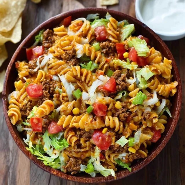 Taco Pasta Salad (Seasoned Ground Beef, Rotini, Black Beans, Corn, Cheese, 30 Min)