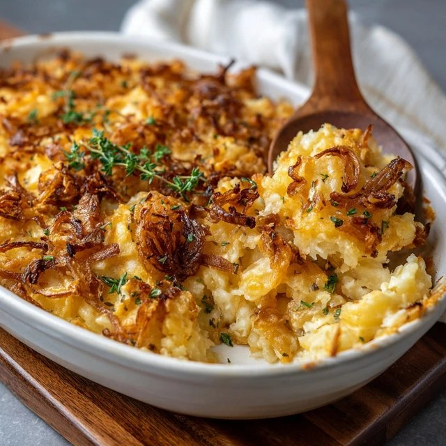 Cheesy potato casserole in a glass baking dish, golden bubbly cheddar top with crispy edges, creamy hash brown interior visible through serving spoon scoop, fresh chives sprinkled on top