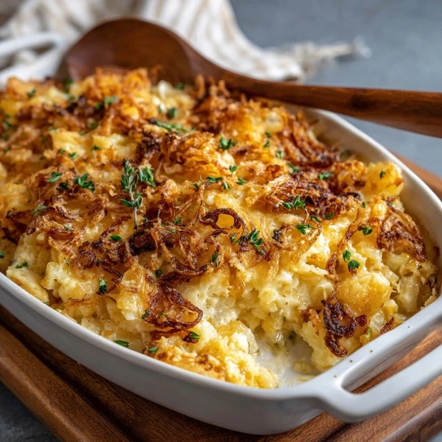 Close-up of cheesy potato casserole cross-section showing molten cheddar pull, soft creamy hash browns, golden cheese crust, melted butter sheen