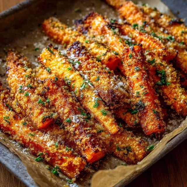 Close-up of parmesan-roasted carrot showing golden cheese crust, caramelized edges, tender bright orange interior, melted garlic butter glaze, flakes of sea salt