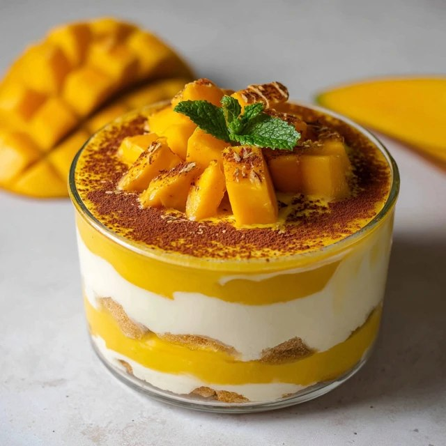 Close-up of mango mousse parfait glass showing distinct layers — silky orange mousse, creamy yogurt swirl, granola crunch line, fresh mango chunks crowning the top