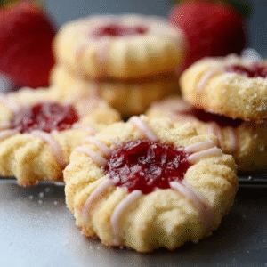Jam thumbprint cookies on a sheet pan, pale golden butter cookies with deep wells filled with ruby raspberry and amber apricot jam, sprinkle of powdered sugar dusting, fresh berries scattered around