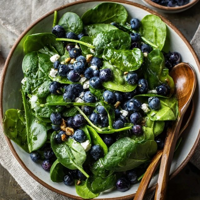 Spinach blueberry salad in a wooden bowl, fresh baby spinach leaves with vibrant blue blueberries scattered throughout, crumbled white feta cheese chunks, golden toasted pecans, drizzled with light lemon vinaigrette