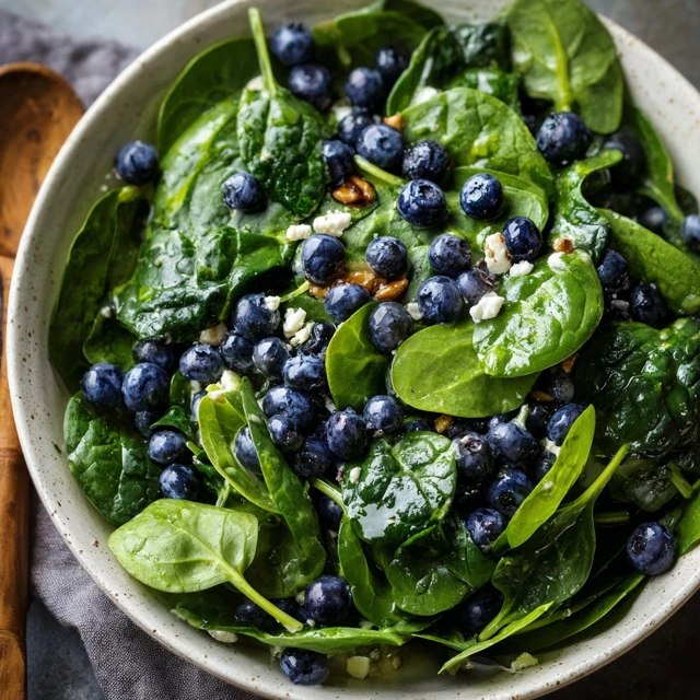 Close-up of spinach blueberry salad showing tender green spinach leaves, juicy plump blueberries, crumbly white feta, candied pecan halves, slight glisten of olive oil dressing