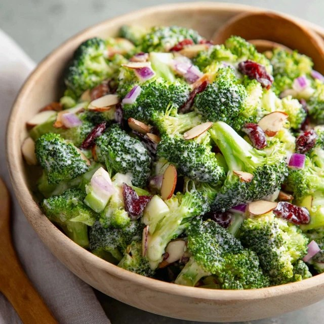 Close-up of broccoli salad showing tender raw broccoli florets with creamy dressing, crunchy crumbled bacon pieces, juicy red cranberries, sliced toasted almonds, fresh purple-red onion bits
