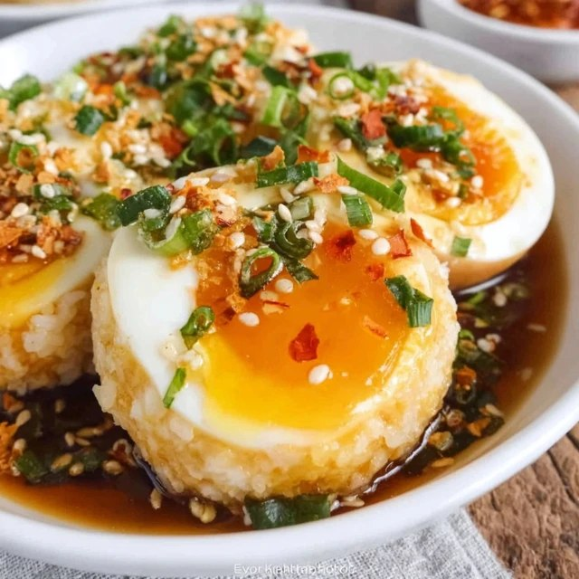 Soy sauce eggs with rice in a black bowl, halved jammy eggs with bright orange runny yolks over fluffy white rice, glossy soy-mirin marinade pooling, scallions and sesame seeds garnish, chili flakes on top