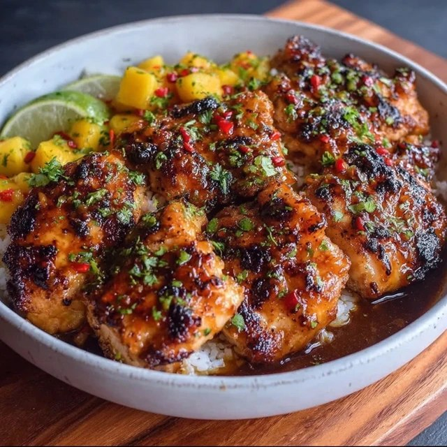 Mango glazed chicken thighs on a sheet pan, bone-in thighs with crispy golden brown skin glazed with glossy mango-orange sauce, fresh mango chunks caramelized alongside, lime wedges, cilantro garnish