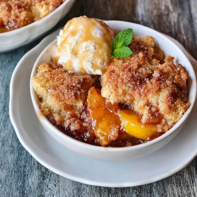 Close-up of peach cobbler portion showing flaky golden biscuit, jammy syrupy peach filling with cinnamon, melted vanilla ice cream streaming into the warm cobbler, glistening sauce