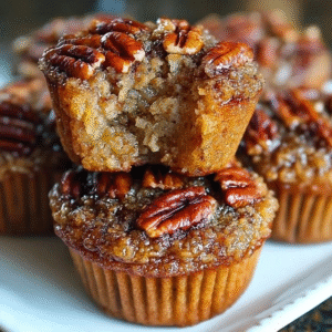 Pecan pie muffins on a wire rack, golden-brown crackly tops with whole pecan halves embedded, slightly domed shape, sticky caramelized edges, dusting of powdered sugar, fresh pecan halves scattered