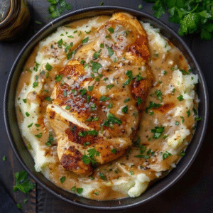 Chicken with gravy and mashed potatoes on a white plate, golden pan-seared chicken cutlets smothered in glossy brown gravy, creamy buttery mashed potatoes piled beside, fresh parsley garnish, gravy pooling around