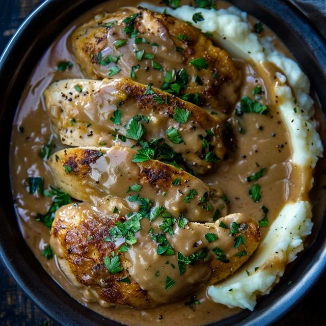 Close-up of chicken cutlet showing golden crispy edges, generous gravy coating, fluffy white mashed potatoes with butter pat melting, fresh chopped parsley flakes