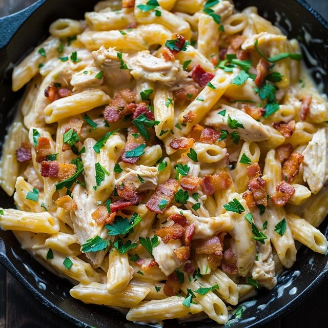 Chicken Bacon Pasta (Crispy Bacon, Garlic Cream Sauce, Penne, Parmesan, 35 Min)