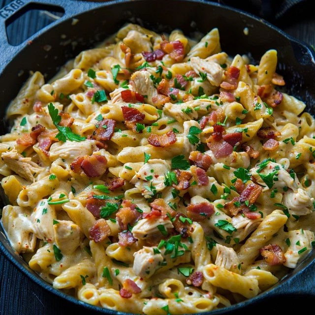 Close-up of chicken bacon pasta showing glistening creamy sauce, juicy chicken slices, crispy bacon pieces with golden edges, melted cheese pull, fresh herbs
