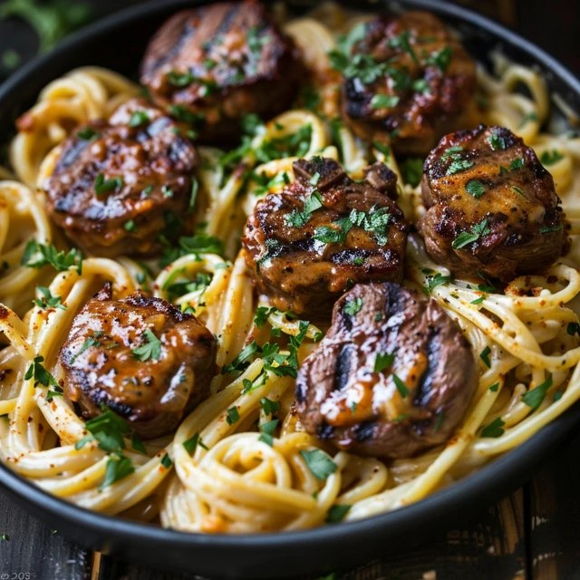Close-up of beef stroganoff showing creamy beige sauce clinging to wide egg noodles, tender browned beef strips, golden sautéed mushrooms, sour cream swirl, parsley flecks