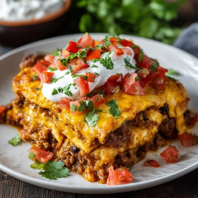 Beef Enchilada Casserole (Layered Tortillas, Seasoned Beef, Cheddar-Jack, Red Enchilada Sauce, 1 Hr)
