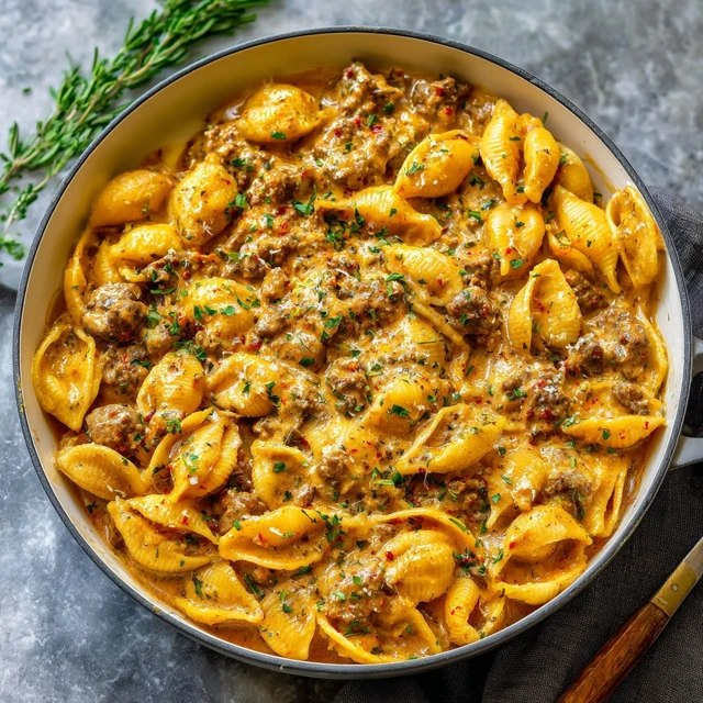 Creamy Beef Pasta Shells (Jumbo Shells, Ground Beef, Tomato Cream Sauce, Mozzarella, 45 Min)