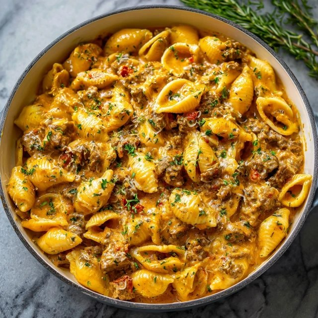Close-up of creamy beef pasta shell showing tender pasta shell, savory beef and ricotta filling, glossy pink rosa sauce, melted mozzarella pull, fresh basil chiffonade