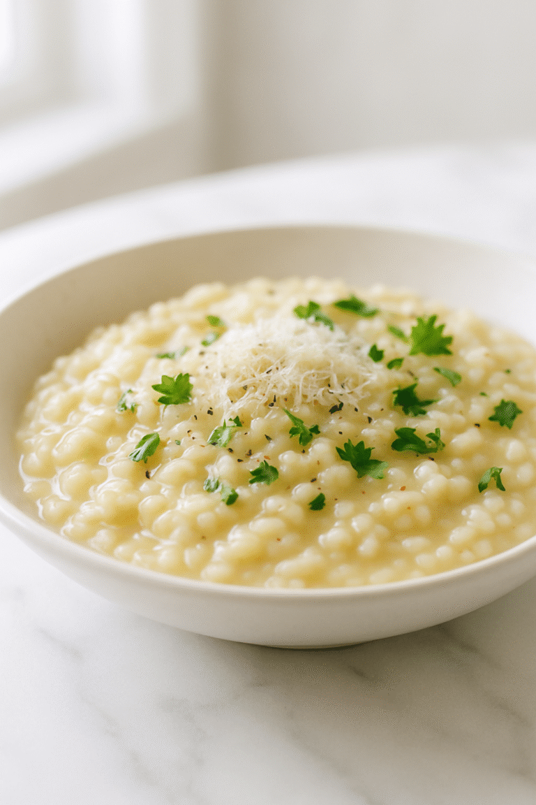 Creamy garlic parmesan risotto in a shallow bowl, glossy arborio rice with a loose spoonable texture, grated parmesan melting on top, cracked black pepper, fresh parsley