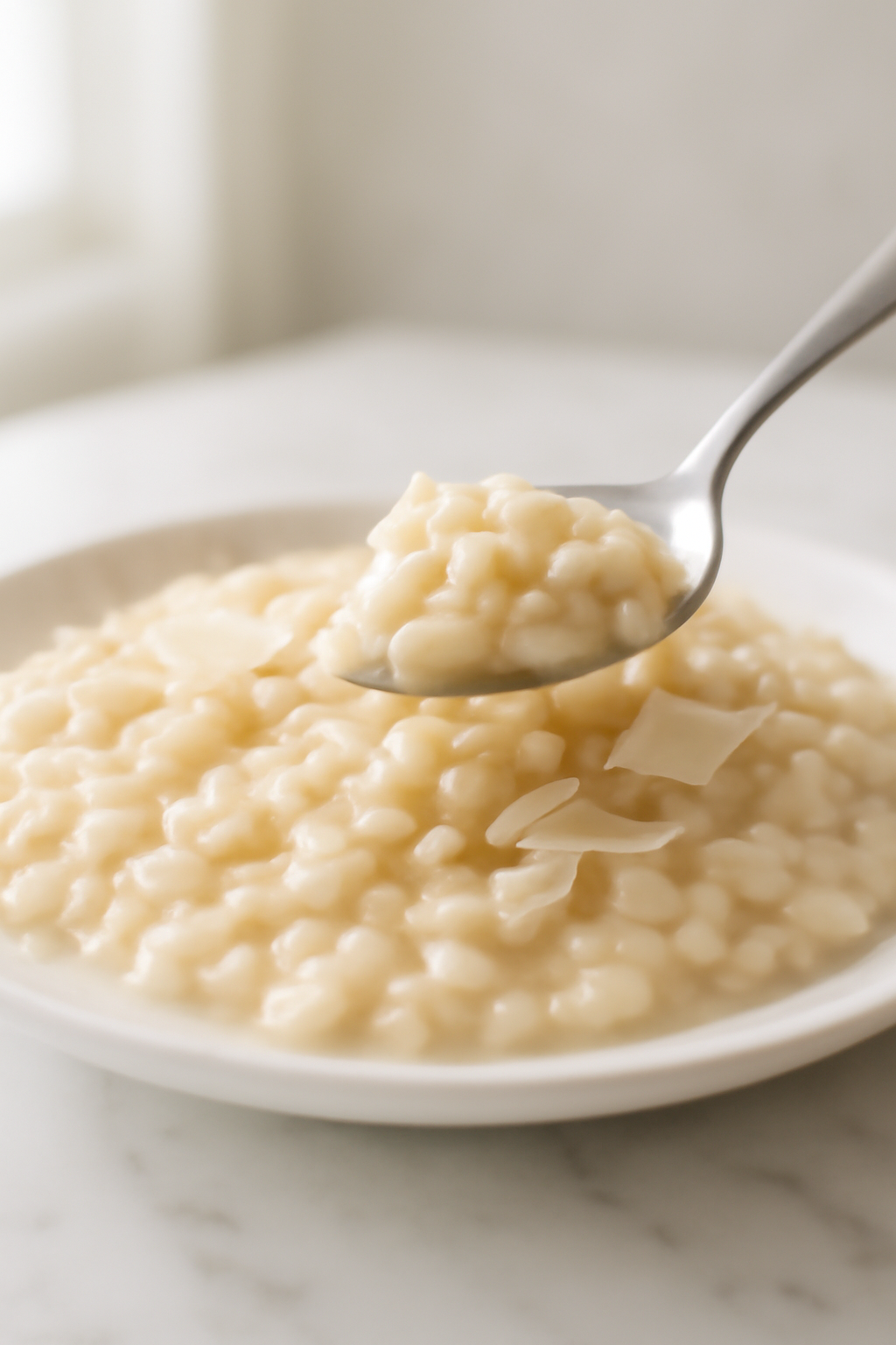 Close-up of risotto showing individual plump rice grains in a silky sauce, a spoon lifting a creamy bite, parmesan shards