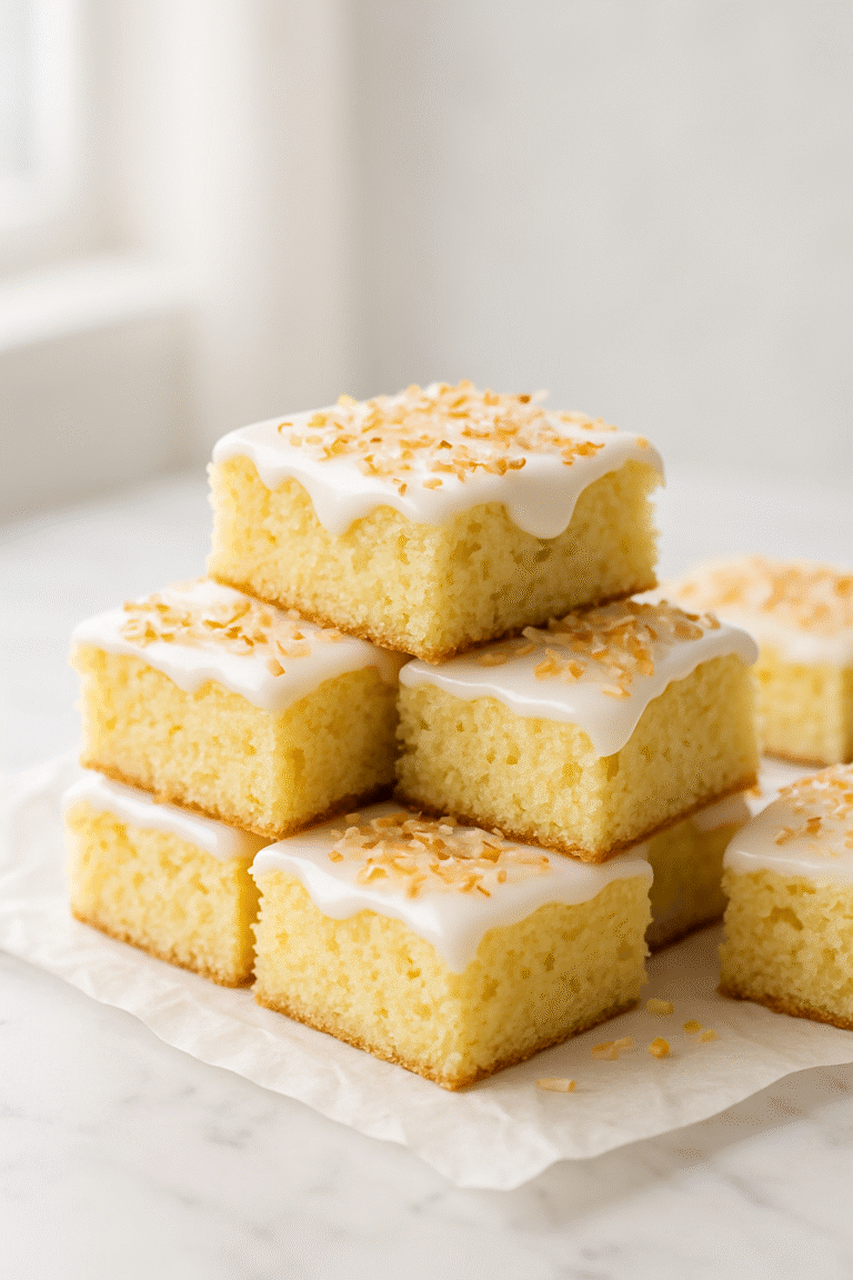 Lemon coconut cake bars cut into squares, soft yellow crumb, white lemon glaze on top sprinkled with toasted shredded coconut, stacked on parchment paper