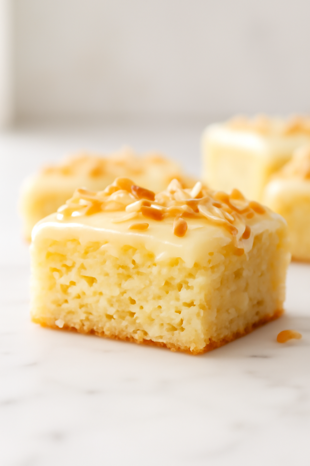 Close-up of one bar showing the moist coconut-flecked crumb and the glossy lemon glaze with golden toasted coconut