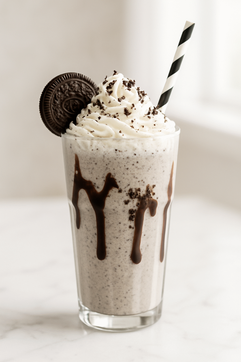 Tall glass of thick Oreo milkshake topped with whipped cream, a whole Oreo on the rim, crushed cookie crumbs, chocolate drizzle down the inside of the glass, striped straw