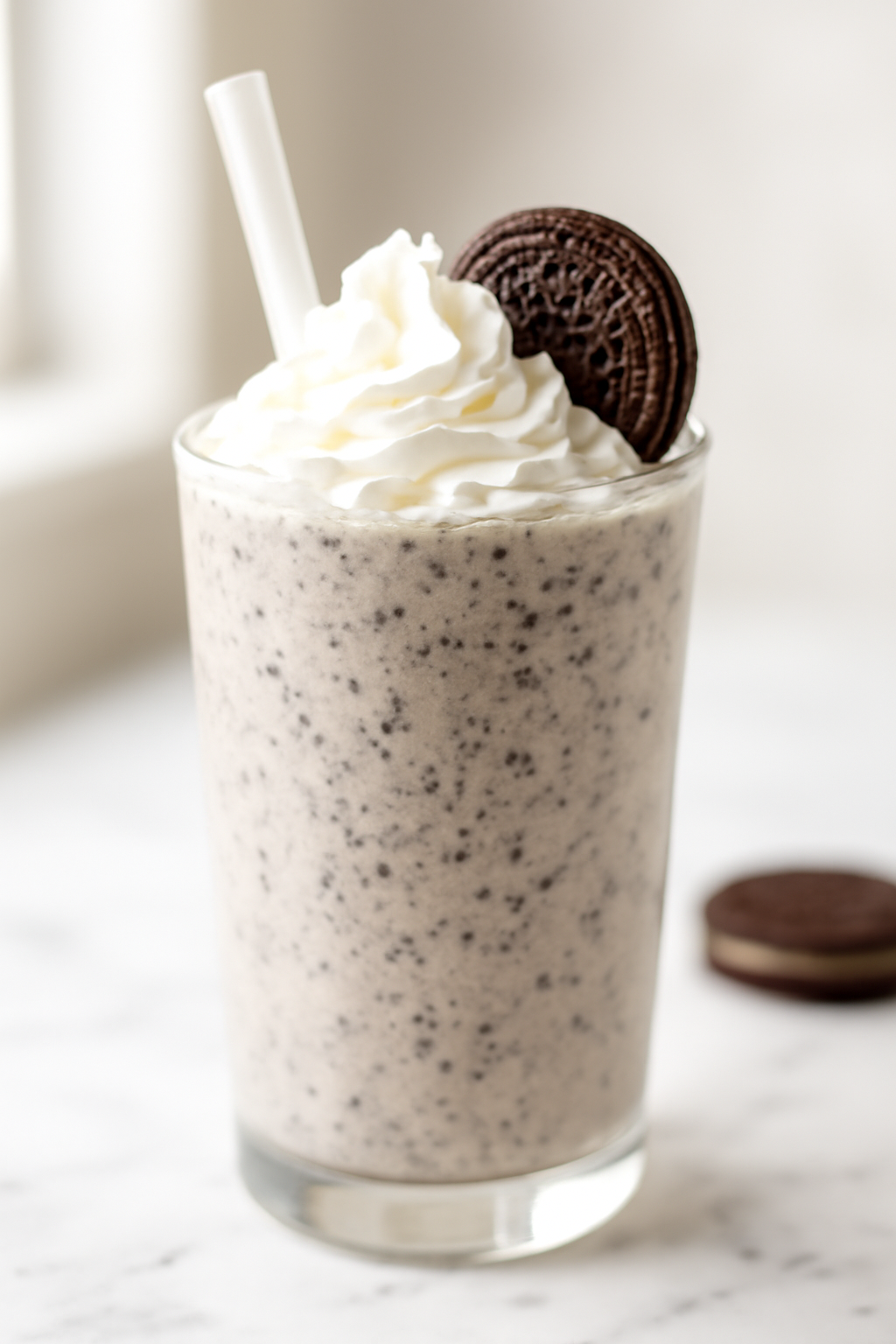 Close-up of the milkshake showing flecks of crushed Oreo throughout the creamy shake, thick enough to hold the straw upright
