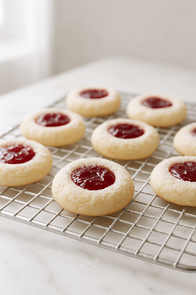 Raspberry cream cheese cookies on a cooling rack, soft pale cookies with a thumbprint well of glossy red raspberry jam in the center, light dusting of powdered sugar