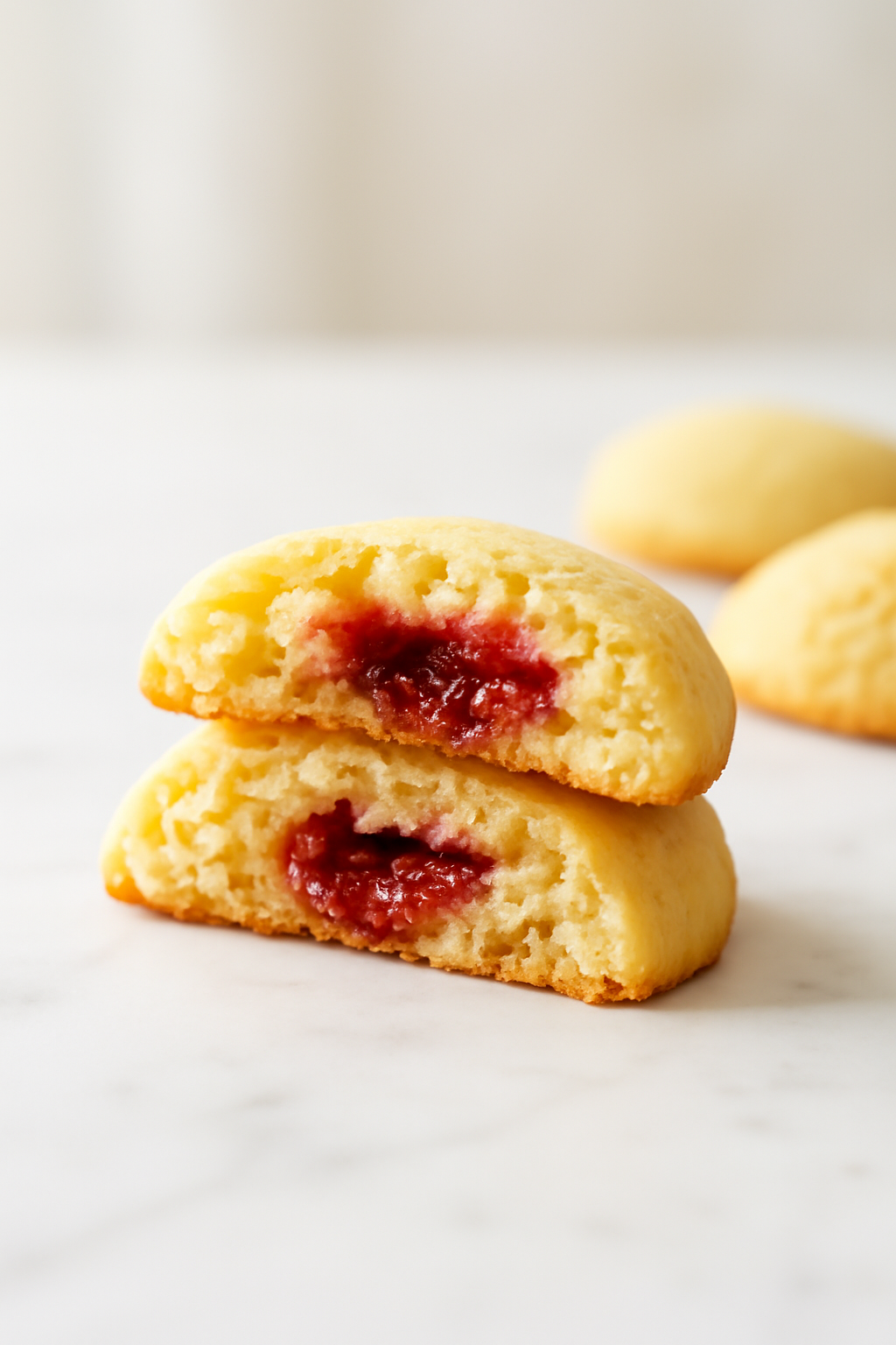 Close-up of one cookie broken in half showing a tender cakey crumb and a pocket of bright raspberry jam