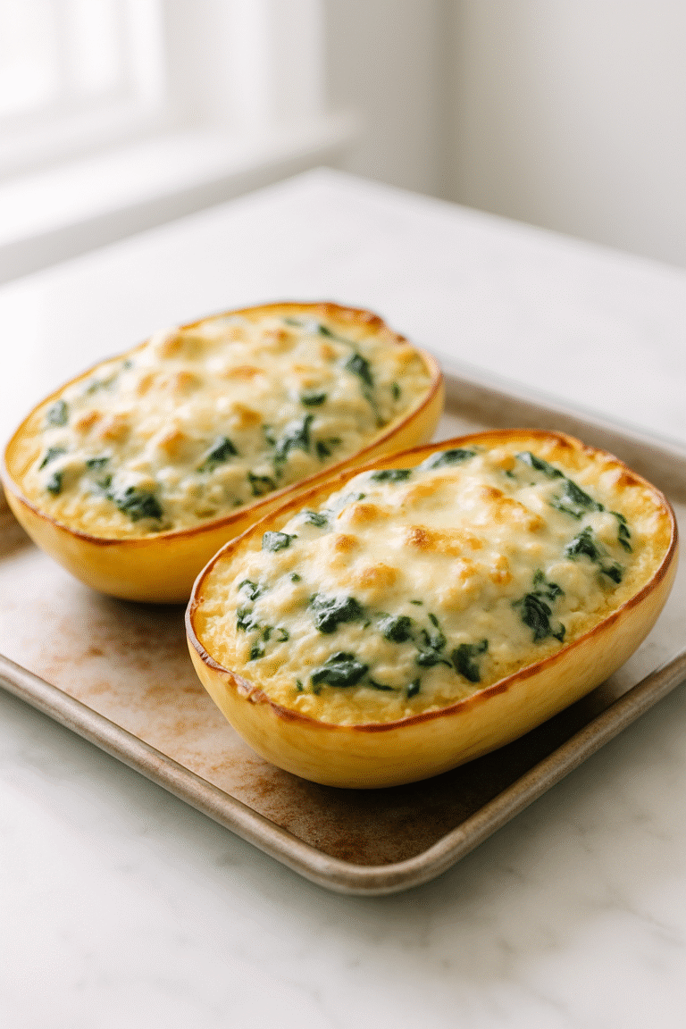 Two roasted spaghetti squash halves filled with creamy spinach artichoke mixture, melted bubbly cheese on top, golden edges, served in the squash shells on a baking sheet