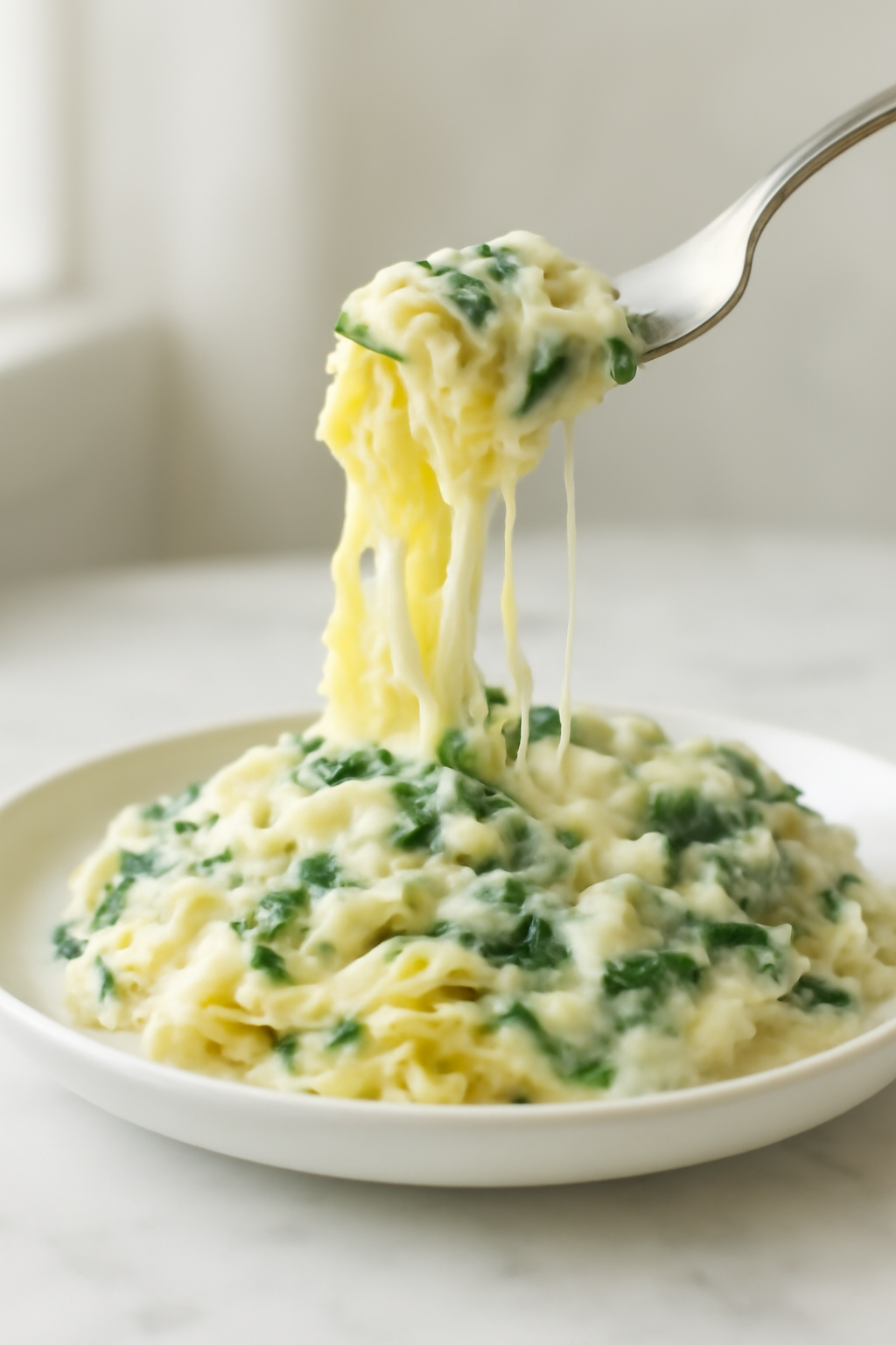 Close-up of a fork twirling the squash strands coated in creamy spinach artichoke sauce with stretchy melted mozzarella