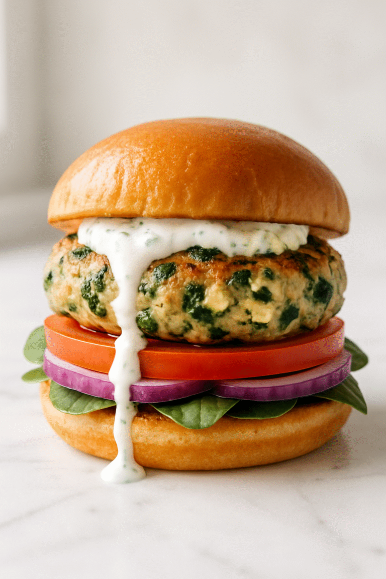 Spinach feta chicken burger on a toasted brioche bun, juicy ground chicken patty flecked with green spinach and white feta crumbles, tomato, red onion, tzatziki dripping down the side