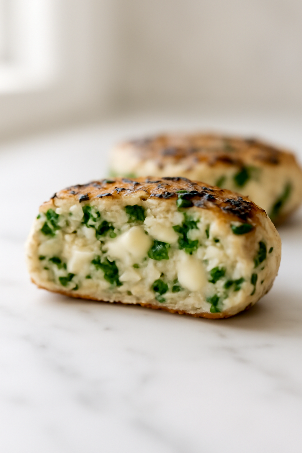 Close-up of the chicken patty cut open showing melted feta pockets, chopped spinach throughout, moist juicy interior